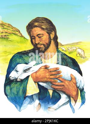 Handgezeichnete Illustration von Jesus, dem Hirten und Lamm Stockfoto