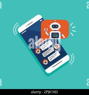 Chat bot auf einem Smartphone. KI-Assistentenroboter für die Kommunikation mit Benutzern. Konzept eines virtuellen Assistenten zur Bereitstellung von Informationen. Vektordarstellung Stock Vektor