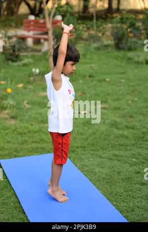 Asiatisch kluges Kind, das Yoga macht, im Gesellschaftspark draußen, Kinder Yoga Pose. Der kleine Junge, der Yoga macht Stockfoto