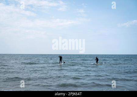 Zwei Erwachsene Männer, die auf dem Meer in der Toskana, Italien, Paddleboarden oder SUP machen Stockfoto