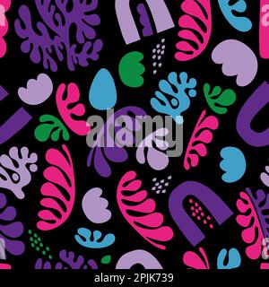 Collage Nahtloses Muster. Trendiges, farbenfrohes, minimalistisch flaches memphis Matiss-Design auf schwarzem Hintergrund. Handgezeichnete Vektordarstellung. Textur für Pa Stock Vektor