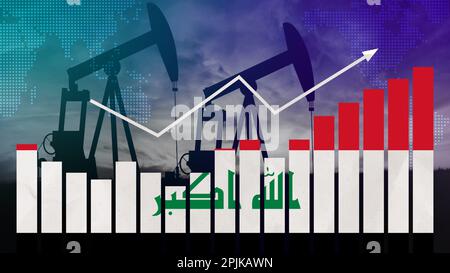 Konzept der irakischen Ölindustrie. Wirtschaftskrise, Preiserhöhungen, Treibstoffausfall. Ölquellen, Börse, Devisenwirtschaft und Handel, Ölförderung Stockfoto