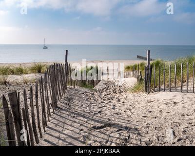 Fußweg in Sanddünen zum Strand der Insel Marker Wadden und Segelboot auf dem See Markermeer, Niederlande Stockfoto