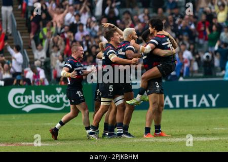 Hongkong, China. 02. April 2023. Team Hong Kong gewann den 13. Platz und feierte den Cathay Pacific/HSBC Hong Kong 2023. (Foto: Ben Lau/SOPA Images/Sipa USA) Guthaben: SIPA USA/Alamy Live News Stockfoto