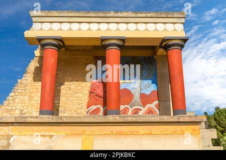 Knossos, Griechenland Nordeingang des minoischen Palastes mit Bullen in Knossos auf Kreta Stockfoto