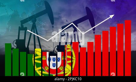 Portugiesisches Konzept der Ölindustrie. Wirtschaftskrise, Preiserhöhungen, Treibstoffausfall. Ölquellen, Börse, Devisenwirtschaft und Handel, Ölförderung Stockfoto