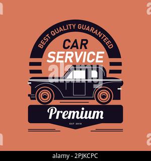 Label für Autovermietungen im Vintage-Stil. Designvorlage für Vector-Logo. Konzept für Kfz-Reparaturdienst, Ersatzteillager. Stockfoto