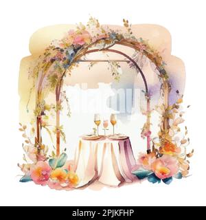 Aquarelle Hochzeitsdekorationen mit Hochzeitstor, Hochzeitstisch, Blumen und Nische isoliert und bearbeitbar Stock Vektor