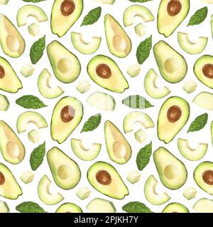 Wasserfarbenes, nahtloses Muster aus frischer, ganzer und geschnittener Avocado. Handgezeichnete Darstellung isoliert auf weißem Hintergrund. Perfekte Speisekarte, gesundes Essen Stockfoto