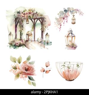Aquarelle Hochzeitsdekorationen mit Hochzeitstor, Hochzeitstisch, Blumen und Nische isoliert und bearbeitbar Stock Vektor
