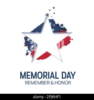 Banner-Vorlage für den Memorial Day mit der offiziellen Flagge der Vereinigten Staaten von Amerika vor weißem Hintergrund. Danke an alle, die gedient haben. Stockfoto