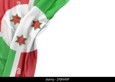 Burundi-Flagge in der Ecke auf weißem Hintergrund. Isoliert. 3D-Rendering Stockfoto