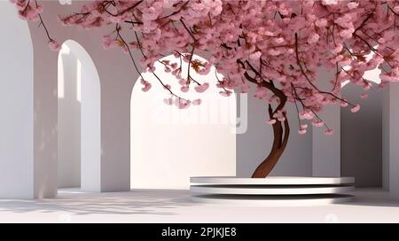Weißes Podium mit Baum und Bögen. Helles Sonnenlicht Stockfoto