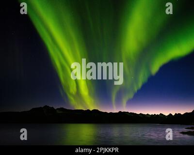 Nordlichter über Angmagssalik Fjord in der Nähe der Siedlung Kuummiit. Ammassalik-Gebiet in Ostgrönland, dänisches Gebiet Stockfoto