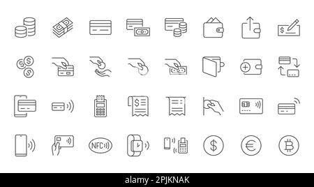 Symbole für Zahlungspositionen festgelegt. Bargeld, Münzen in der Hand, Kreditkarte, Geldbörse, Bankscheck, Bargeldlose Bezahlung, Quittung, kontaktloser Kauf, Vektordarstellung Stock Vektor