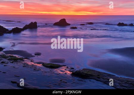 USA, Oregon. Seal Rock State Recreation Site Sonnenuntergang bei Ebbe Stockfoto