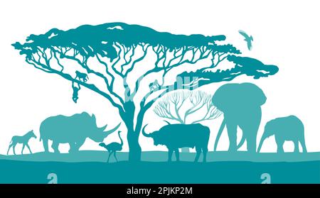 Afrikanische blaue Landschaft mit Tieren. Vektorgrafik Stock Vektor