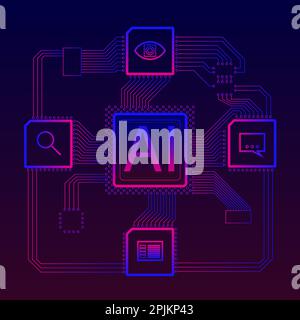Neuronales Netz an Stromkreis. Künstliche Intelligenz Dienstleistungen: Bild- und Spracherkennung, Text Analyse, Search Engine Stock Vektor