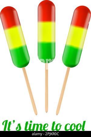 Drei realistische Eis mit Erdbeeren, Kiwi und cherry Geschmack auf Holzstab. Isolierte Hintergrund. Vector Illustration Stock Vektor
