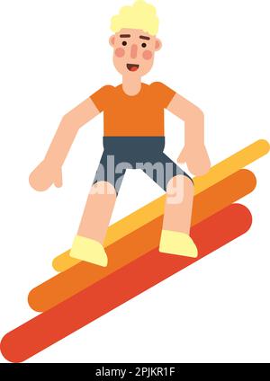 Blonder Mann in T-Shirt und Shorts, der dreifarbige Regenbogenfarben surft. Ein Konzept, das Extremsport demonstriert Stock Vektor