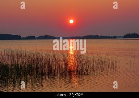 Kanada, Manitoba, Wekusko Falls Provincial Park. Sonnenaufgang am Wekusko Lake. Stockfoto