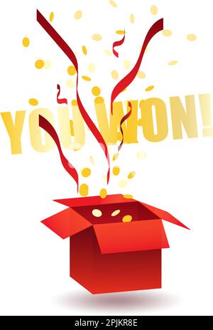 Rot Preis Box mit goldenen Münzen und Konfetti Explosion, die Spieler informiert, dass er ein Spiel gewonnen. Für Karten, Banner von Glücksspielen. Isolieren Stock Vektor