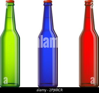 Drei glänzend Flaschen mit hellen Bier oder einem frischen Drink stehen. Drei Farben: Grün, Blau, Rot. Weißer Hintergrund. Isolierte Vektor Stock Vektor