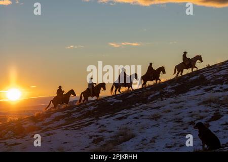 USA, Wyoming. Versteck dich auf der Horse Ranch, Wrangler auf dem Pferderücken im Schnee bei Sonnenuntergang. (HERR, PR) Stockfoto