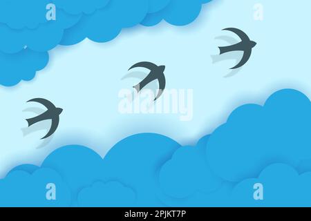 Drei Vögel zwischen blauen Wolken. Papier schneiden Stil Vector Illustration. Stock Vektor