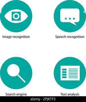 Künstliche Intelligenz Kognitive Symbole - Bilderkennung, Spracherkennung, Text suchen und Analyse. Für web design, vorhanden Stock Vektor