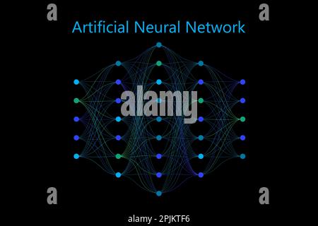 Neuronales Netz Modell mit dünnen Synapsen und Kreis Neuronen in einer Full Mesh verbunden. Vector Illustration auf schwarzen Hintergrund. Für web Desig Stock Vektor