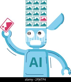 Lustige Abbildung des maschinellen Lernens. AI Roboter erhält Fluß der Bilder im Gehirn und hält Bild in seinem Arm und macht Bilderkennung. Vec Stock Vektor