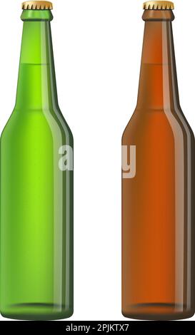 Zwei grüne und braune realistische Flaschen mit frischem Bier im Inneren. Einsetzbar als Mockup oder Vorlage oder für Bier Design Konzept. Vector Illustration Stock Vektor