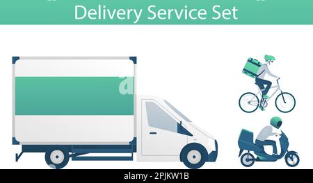 Einstellen von Fahrzeugen für schnelle Express Delivery Service - Lkw-, Motorroller- und Fahrradverleih. Als Elemente für Web Design oder Lieferservice Banner, Karte Stock Vektor