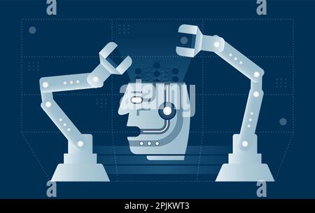 Automatisierte Prozesse bei der bot-Produktion. Zwei Roboterarme, die künstlichen Geist mit neuronalem Netzwerk verbinden. Anwendbar als Industrie 4,0, automatisierte Maschinen Stock Vektor