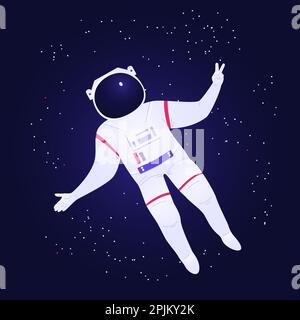 Astronaut im Raumanzug und Helm steigt im Weltraum und zeigt Sieg Geste. Sterne mit Deep Purple Space Hintergrund. Erfolg Verwirklichung Vector Stock Vektor