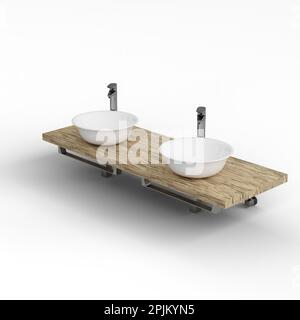 eine 3D-Darstellung einer Holzfläche mit zwei weißen Waschbecken, isoliert auf weißem Hintergrund. Stockfoto