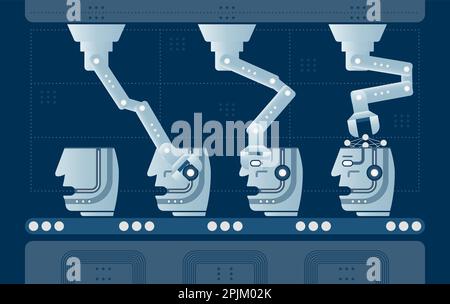 Automatisierte Prozesse bei der bot-Produktion. Förderer mit Roboterarmen, die künstlichen Geist zusammenbauen. Anwendbar als Industrie 4,0, automatisierte maschinelle Lernprozesse Stock Vektor