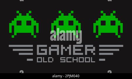 Alte Retro-Video-Gamer-T-Shirt-Vorlage für Print. Drei Monster mit verpixelter Typografie. Zitat eines alten Gamers. Vektordarstellung Stock Vektor
