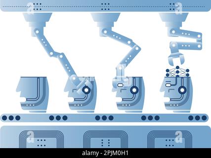 Automatisierte Prozesse bei der bot-Produktion. KI-Entwicklung. Förderer mit Roboterarmen, die künstlichen Geist zusammenbauen. Anwendbar als Industrie 4,0, maschinelles Lernen, Stock Vektor