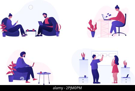 Mitarbeiter arbeiten im Büro in ruhiger und freundlicher Atmosphäre zusammen. Millenials arbeiten zusammen. Teamarbeit, Zusammenarbeit, kreative Arbeit Stock Vektor