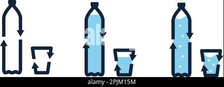 PET-Flaschen aus Kunststoff und Papierglas bilden ein Recycling-Symbol mit Pfeilen. Konzept der umweltfreundlichen Materialverwendung. Satz von Recycling-Symbolen. PET-Flasche und Glas voll mit Stock Vektor
