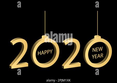 3D 2020-Vision, frohes neues Jahr Logo-Design. Weihnachtsbälle mit Text innen und . 2020 Nummern hängen. Gilt für Karten, Poster, Banner. Golde Stock Vektor