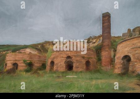 Digitale Malerei der Ruinen der Ziegelwerkstatt in Porth Wen, Llanbadrig, Anglesey, Wales. Stockfoto