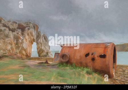 Digitale Malerei der Ruinen der Ziegelwerkstatt in Porth Wen, Llanbadrig, Anglesey, Wales. Stockfoto