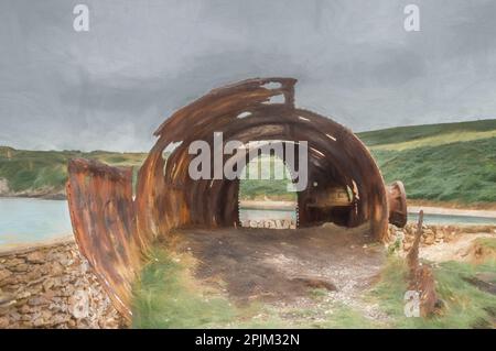 Digitale Malerei der Ruinen der Ziegelwerkstatt in Porth Wen, Llanbadrig, Anglesey, Wales. Stockfoto