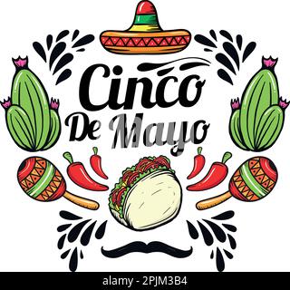 Cinco de Mayo - 5. Mai, Bundesurlaub in Mexiko. Fiesta Banner- und Posterdesign mit Flaggen, Blumen, Dekorationen. Feiern Sie mit uns. Stock Vektor