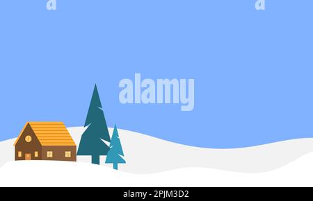 Winterlandschaft mit Pinien, Wolken und Haus. Wintertapete im flachen Design. Winterbild mit Cartoon-Style. Stock Vektor