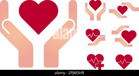 Hände und Palmen und Herzschlag, Puls im inneren Herzen formen. Gesundheit, Liebe, Aufmerksamkeit Symbol. Die menschliche Gesundheit medizinische Unterstützung Symbole. Health Care oder prot Stock Vektor