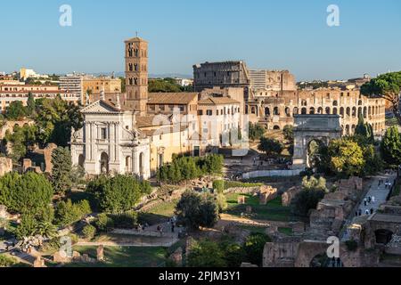 Panoramablick auf das Forum Romanum und das Kolosseum, Rom, Italien Stockfoto